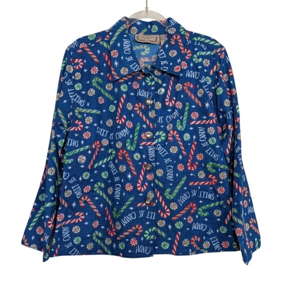 Vintage Christmas Jacket Womens Petite Size Medium Blue Candy Cane Peppermint